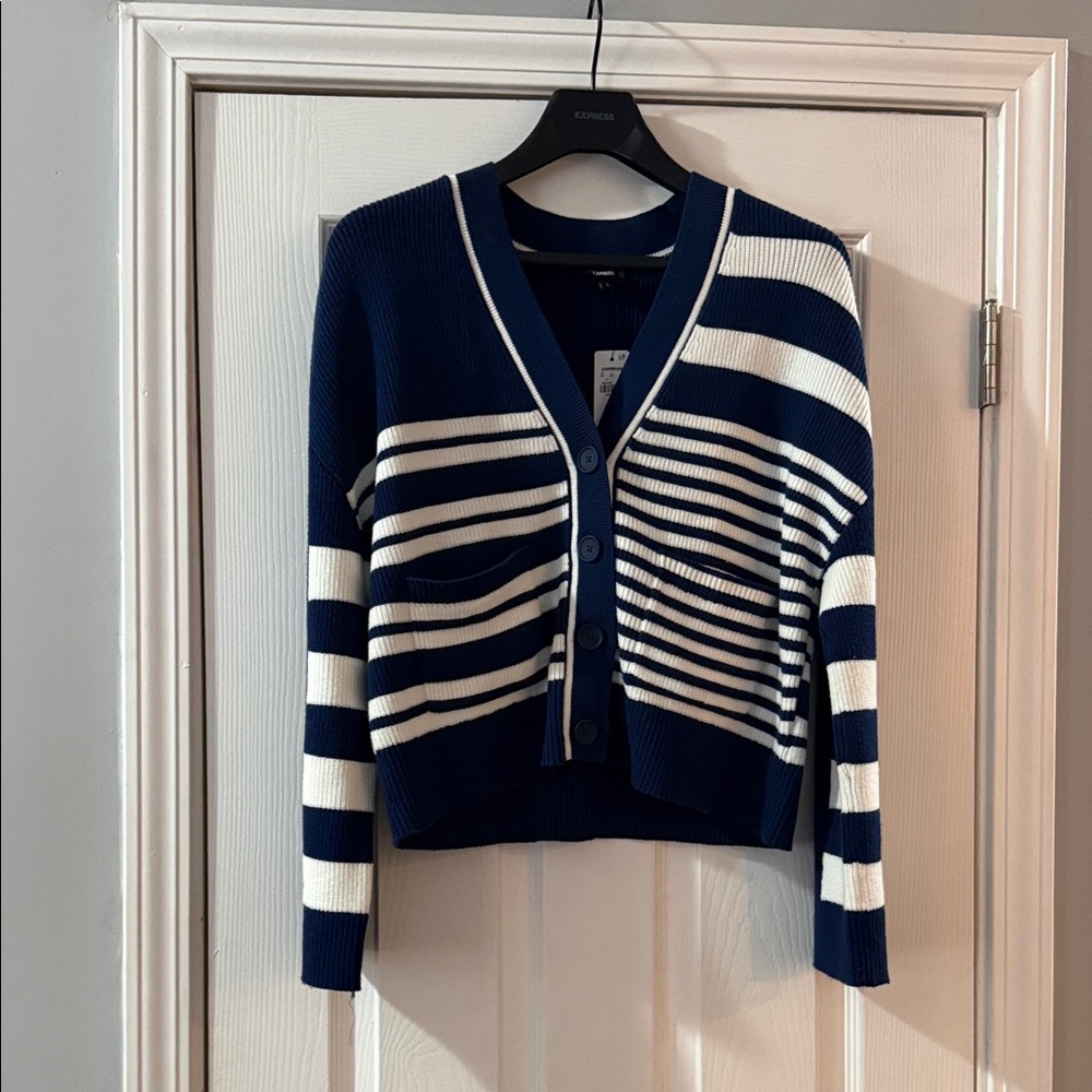 Express Navy and White Striped Cardigan